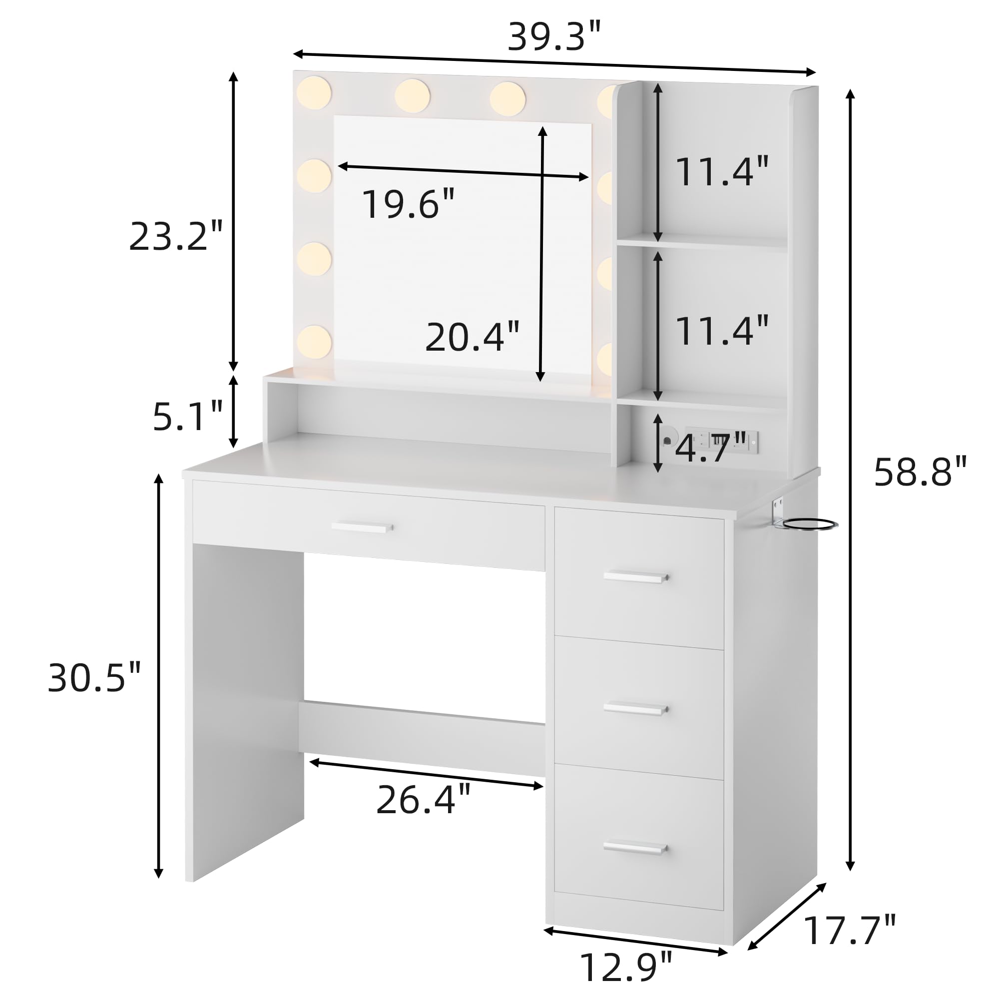 JUMMICO 39.3'' Vanity Desk with LED Lighted Mirror &Power Outlet, Makeup Vanity Table with 4 Large Drawers and 3 Storage Shelves, 3 Model Adjustable Lights for Bedroom & Dressing Room (White)