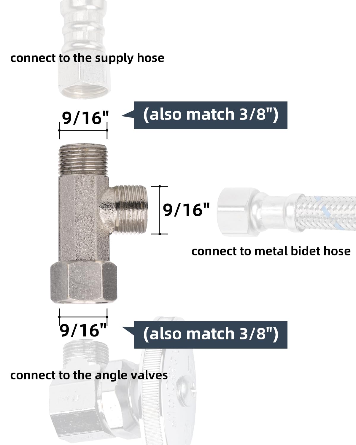 Hibbent Bidet T Adapter, Metal T Valve for Bidet(3/8” x 3/8” x 3/8”), 3 Way Tee Connector Bidet Attachment for Toilet