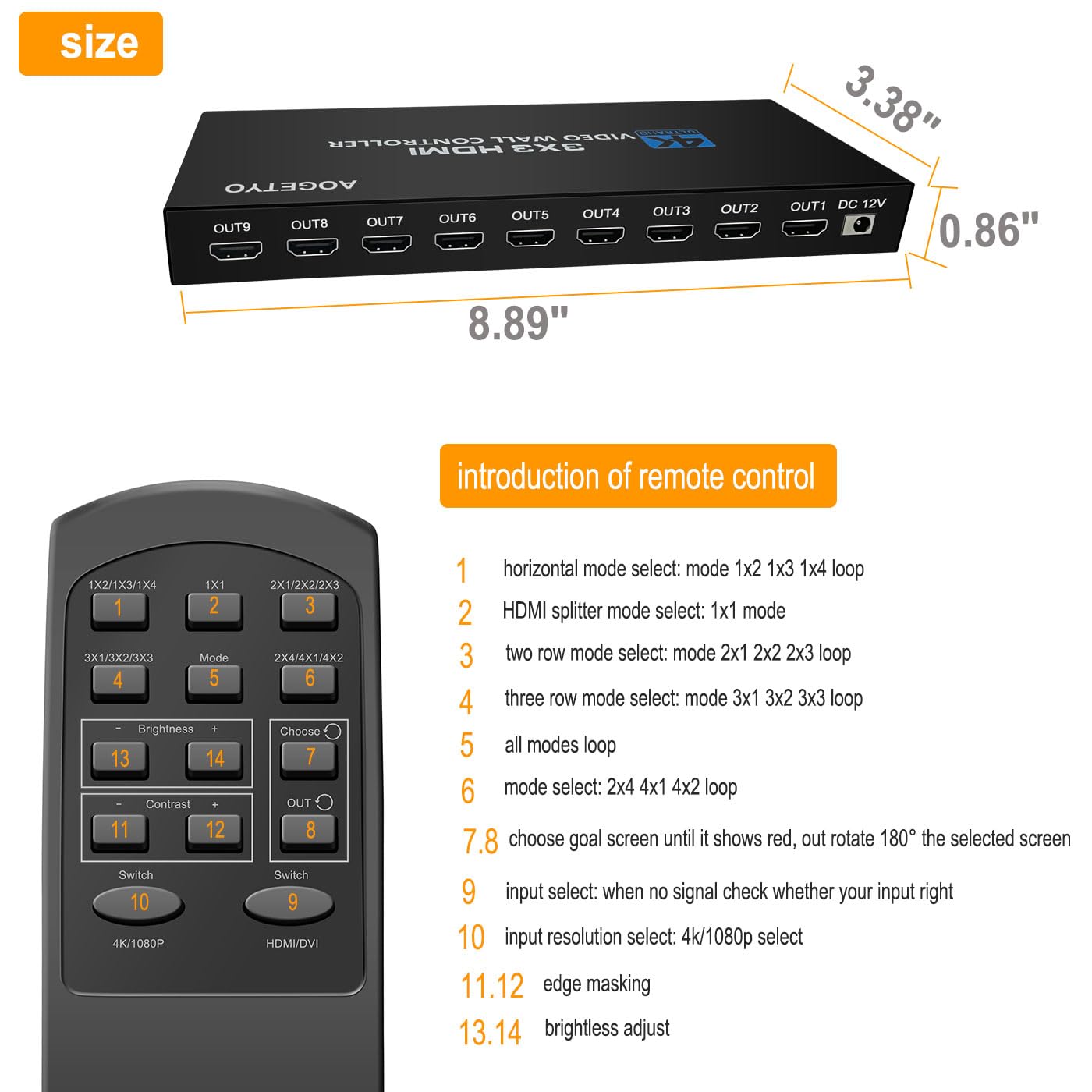 Video Wall Controller 3x3 HDMI Video Image Processor, Support 3840x2160/30HZ HDMI Input & DVI Input, 9-Screen Splicing TV Wall Controller, Support 180 Degree Rotation 3x3 3x2 2x2 3x1 1x4 2x3 4x2 2x4