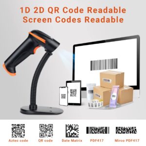 Tera Barcode Scanner Wireless and Wired with Battery Level Indicator 1D 2D QR Digital Printed Bar Codes Reader with Stand Portable Handheld Barcode Scanner Compact Plug and Play Model D5100-Z