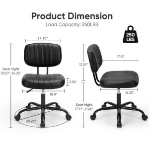 DUMOS Armless Home Office Desk Chair -Small Ergonomic with Low Back Lumbar Support, Height Adjustable PU Leather Computer Task with 360° Swivel Rolling Wheels, for Small Space, Black