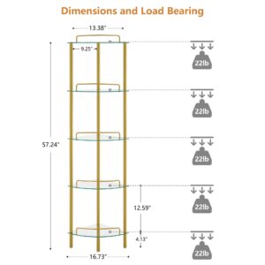 FAVOOSTY 5-Tier Corner Shelf Stand, Gold Corner Bookshelf, Bathroom Organizer, Plant Stand, Tempered Glass Shelves, Modern Style for Living Room, Bedroom, Kitchen, Home Office, Metallic Gold