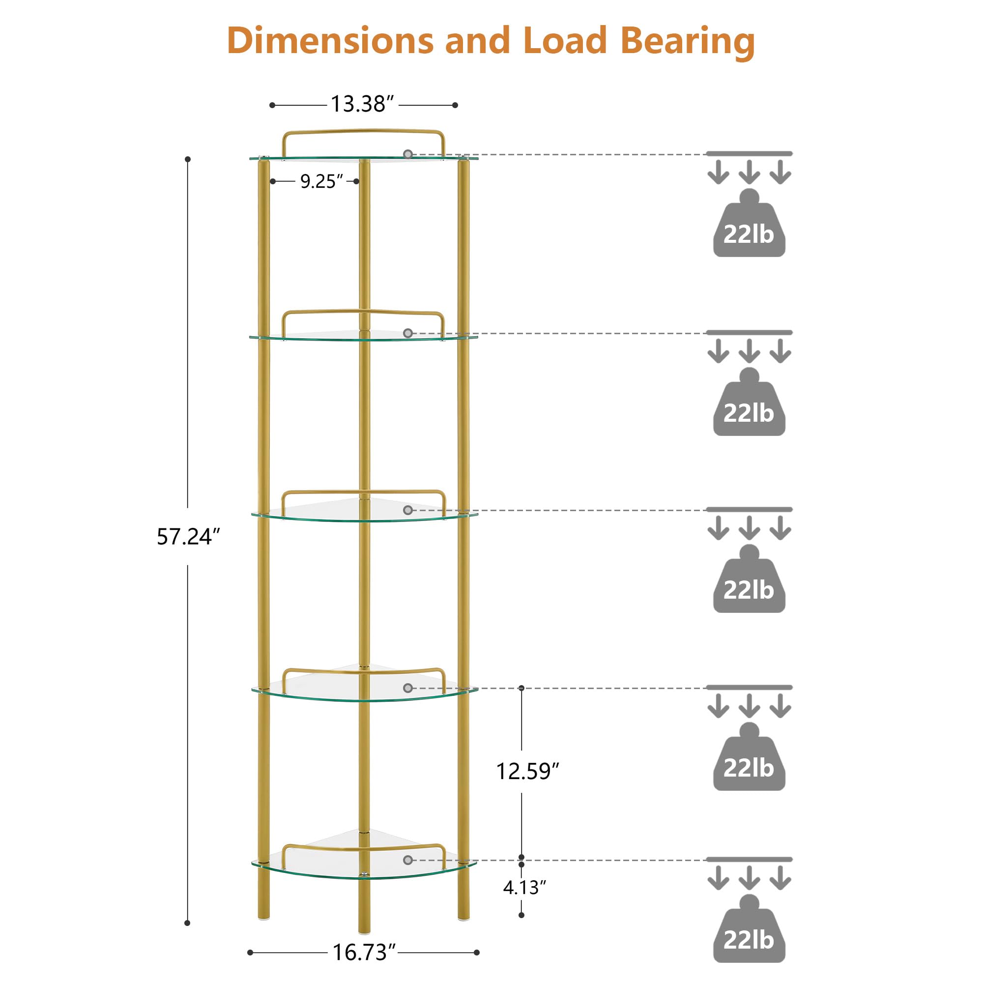 FAVOOSTY 5-Tier Corner Shelf Stand, Gold Corner Bookshelf, Bathroom Organizer, Plant Stand, Tempered Glass Shelves, Modern Style for Living Room, Bedroom, Kitchen, Home Office, Metallic Gold