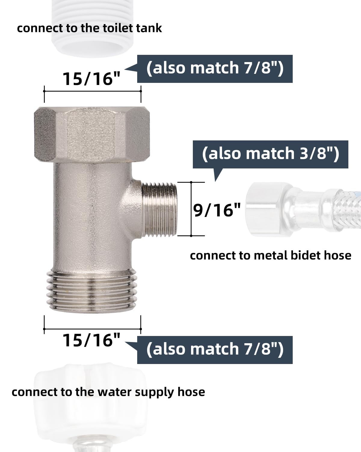 Hibbent Bidet T Adapter, Metal T Valve for Bidet(7/8” x 7/8” x 3/8”), 3 Way Tee Connector Bidet Attachment for Toilet