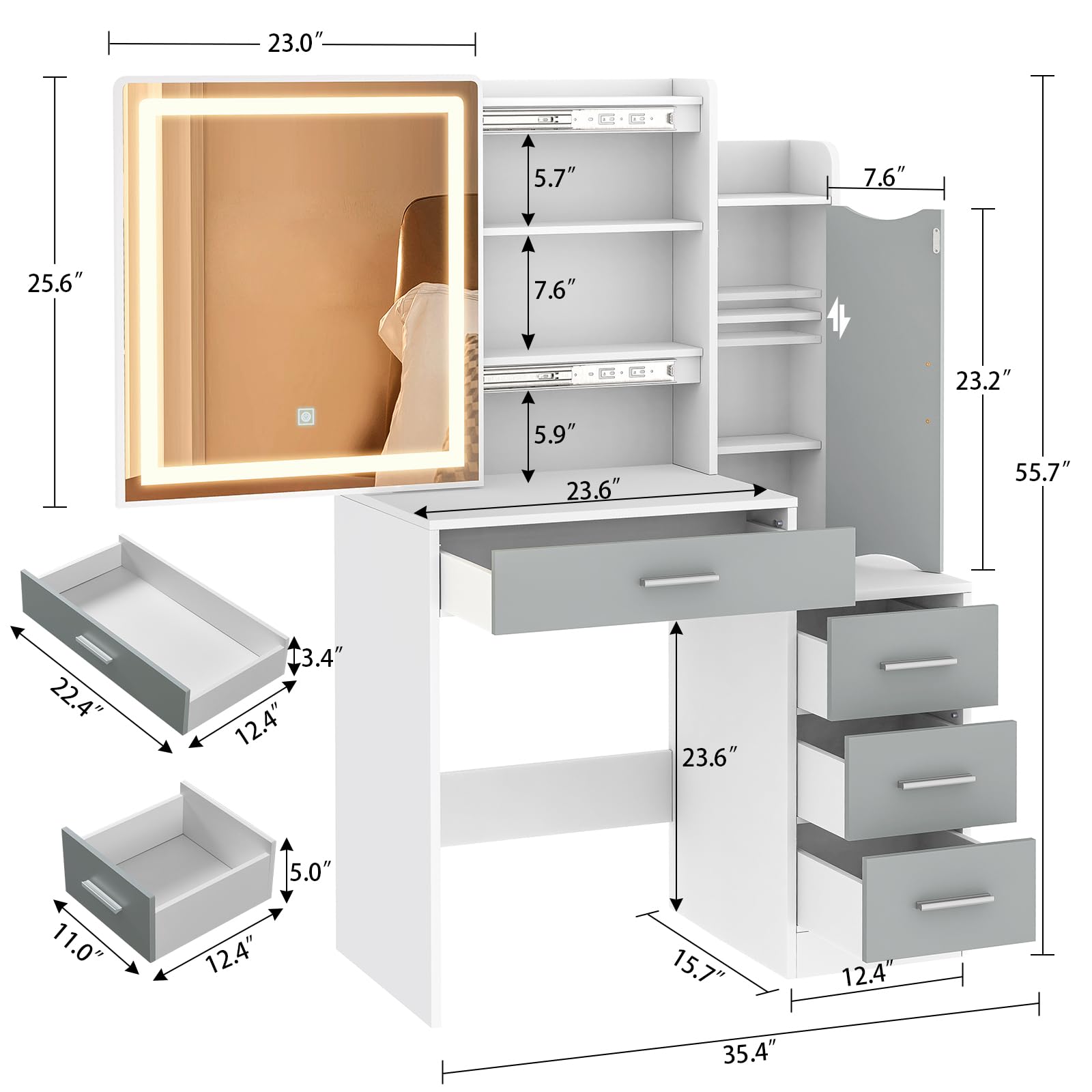 usikey Makeup Vanity Desk, Makeup Vanity Table with Sliding LED Lighted Mirror, Vanity Table with 4 Drawers & Cabinet, 3 Lighting Modes & Brightness Adjustable, Bedroom Dressing Table, White and Grey