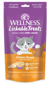 wellness lickable treats soft puree natural grain free adult cat treats, chicken recipe, contains 6-0.4 ounce squeezable tubes