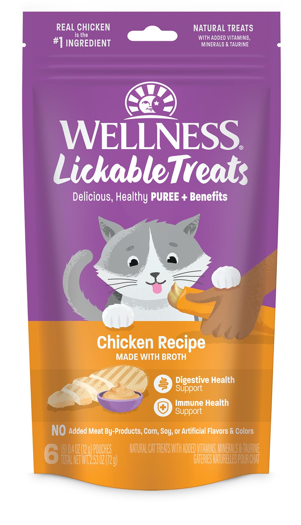 Wellness Lickable Treats Soft Puree Natural Grain Free Adult Cat Treats, Chicken Recipe, Contains 6-0.4 Ounce Squeezable Tubes