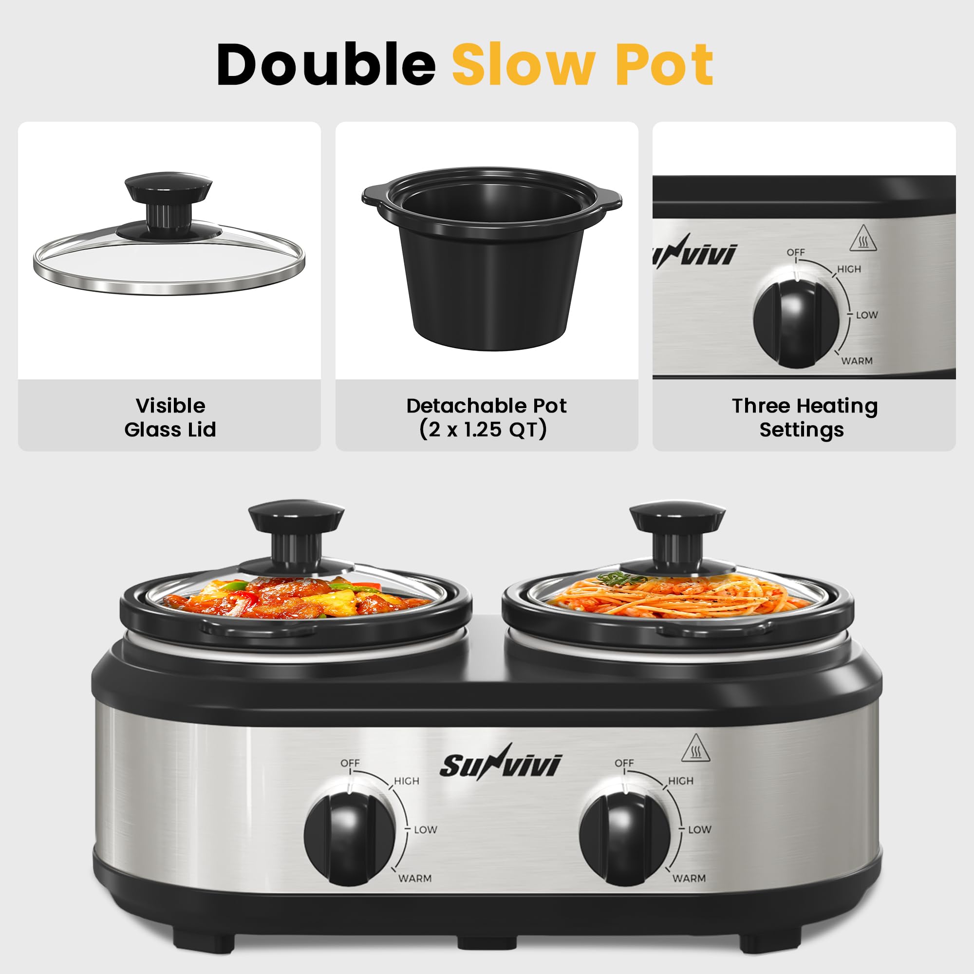 Sunvivi Dual Slow Cooker, Buffet Server and Food Warmer, Small Mini Pot with 3 Adjustable Temp & 2 Visible Glass Lids, for Parties, Holidays and Entertaining, Stainless Steel, Total 2.5 QT