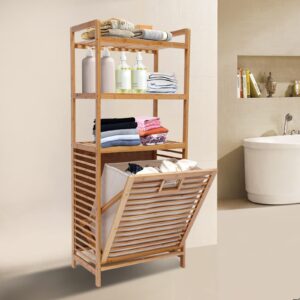 4 Tiers Laundry Hamper Bamboo Laundry Hamper with Shelf Tilt Out Laundry Basket Bathroom Storage Shelf for Laundry Room Bathroom Bedroom Dorm Living Room