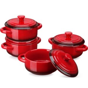 lovecasa mini cocotte set,12 oz small casserole dishes with lids, soup bowls with handles,individual baking ramekins,oven, microwave & dishwasher safe,set of 4,red