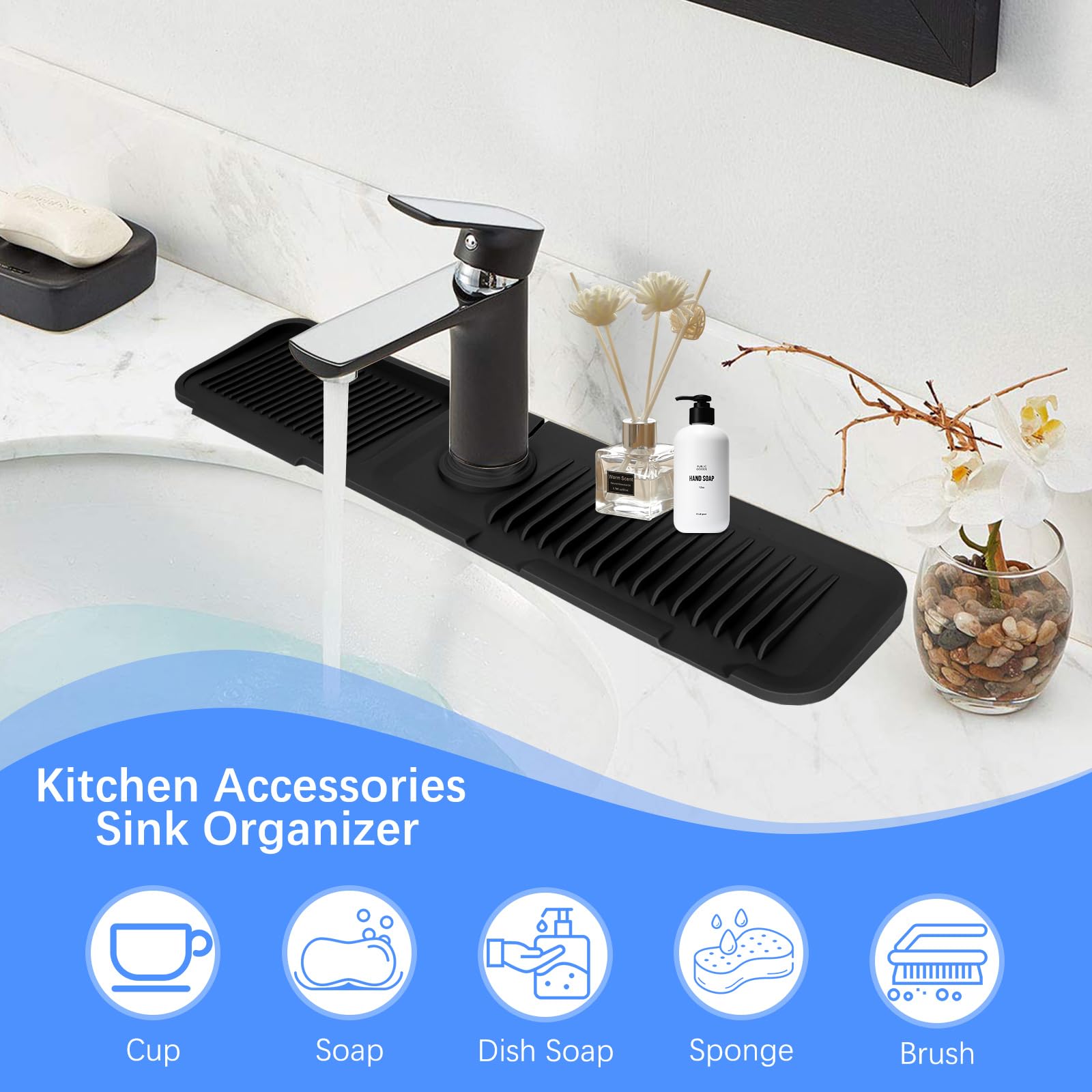 Joyhalo 24 Inches Kitchen Sink Splash Guard for Kitchen Sink Area, 5 Slope Sink Mats and Protectors, Kitchen Faucet Splash Guard, Faucet Drip Catcher Tray for Kitchen Sink Accessories, Black