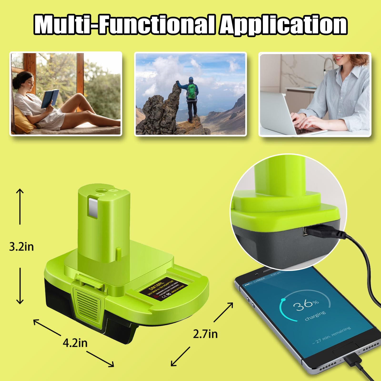 Fybemax Battery Adapter DM18RL Use for Ryobi 18V Tools,Convert Dewalt 20V & for Milwaukee M18 18V Llithium Battery to for Ryobi 18V P107 P108 Battery Tools, with 5V 2.1A MAX USB