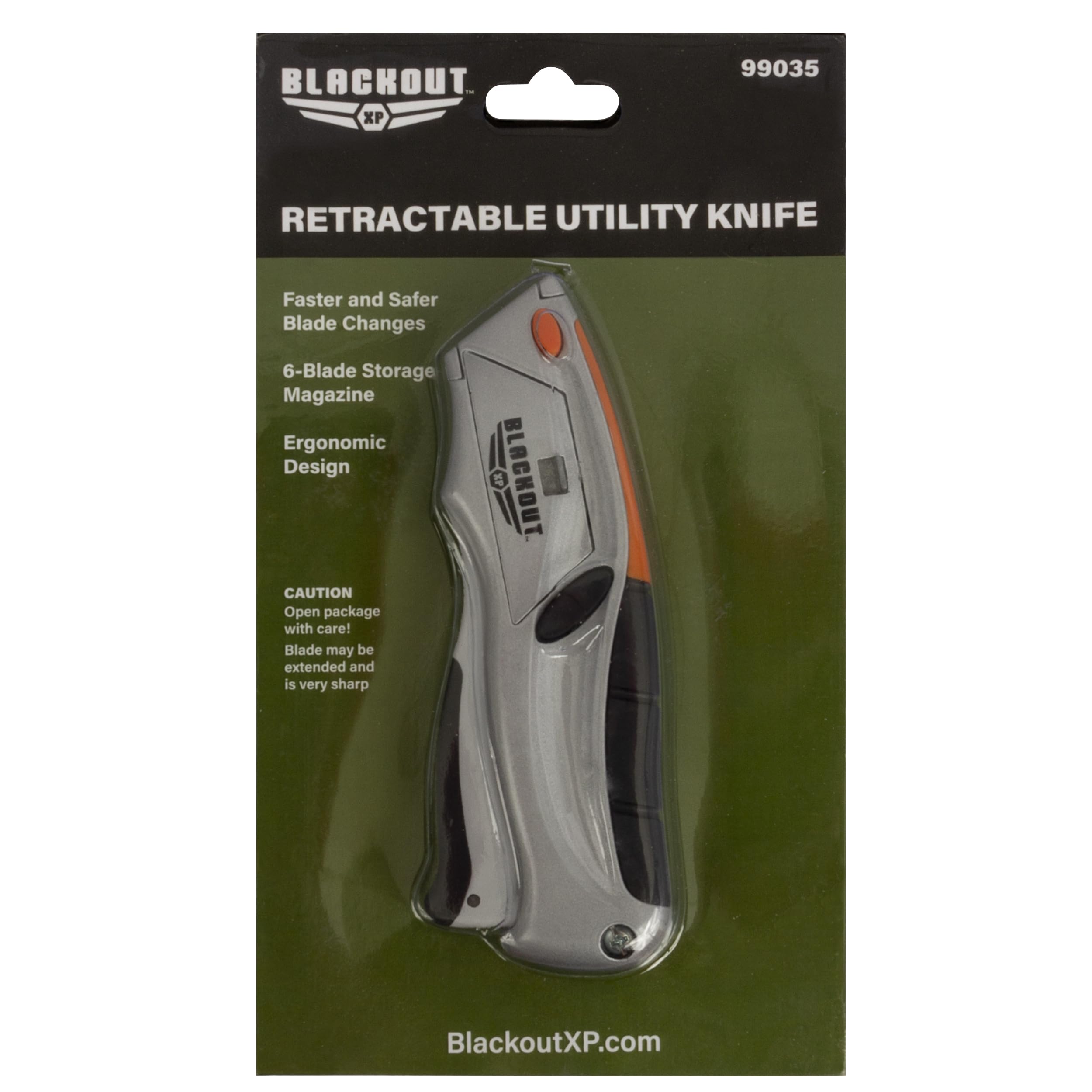 Blackout XP Retractable Locking Utility Knife – Box Cutter with Easy Open In-Handle Blade Storage and Patented Squeeze Lever to Auto-Load Next Blade – Includes 6 Blades