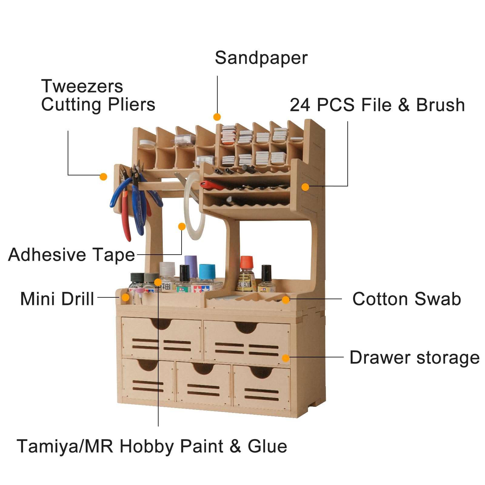 Bucasso Plastic Model Paint Rack Tool Storage All-in-One Modeling Tool Storage Rack Drawer Parts Storage Rack MDF Material Pliers/Files/Brush/Tweezers/Paint Storage Assembly Workstation GK Plus