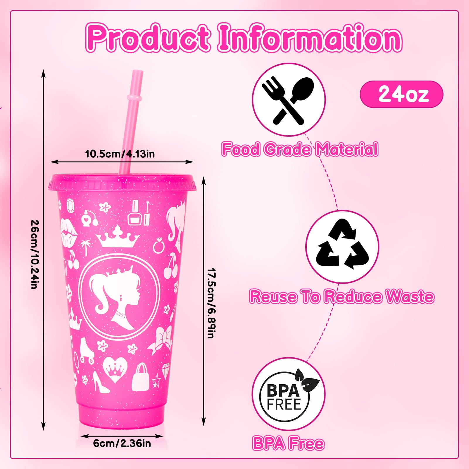 XLSXEXCL 12 Pcs Plastic Cups with Lids and Straws Glitter Tumbler 24 oz Travel Mug Cup Plastic Drinking Cups for Juices Parties Birthdays Party Bachelor Party (Hot Pink)