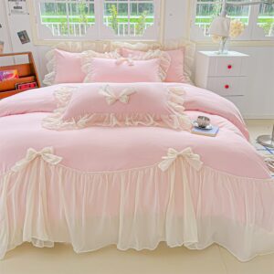 SOUKECHY Girls Lace Bedding,Queen Comforter Cover Set, Chic Ruffled Duvet Cover with Lovely Bow,Princess Style 1 Duvet Cover with 2 Pillowcases, No Comforter-Pink,Queen Size