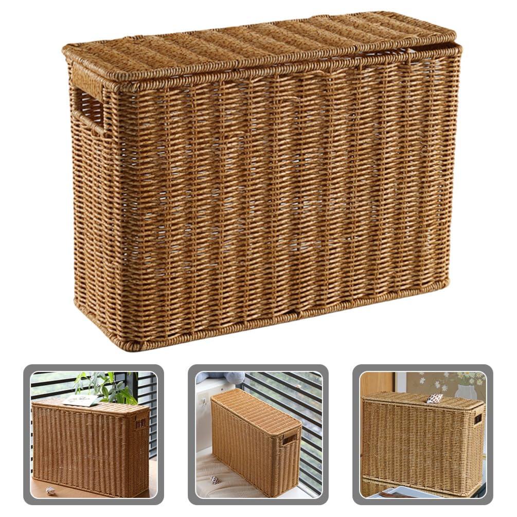 IMIKEYA Woven Wicker Basket Box with Lid Narrow Holder Woven Magazine Basket Rattan Toys Organizer Decorative Storage Bin for Home Office Closet Decor