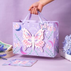 WRAPAHOLIC 13" Large Gift Bag with Card and Tissue Paper - Purple Butterfly Design for Birthday, Mother's day, Baby Shower, Party