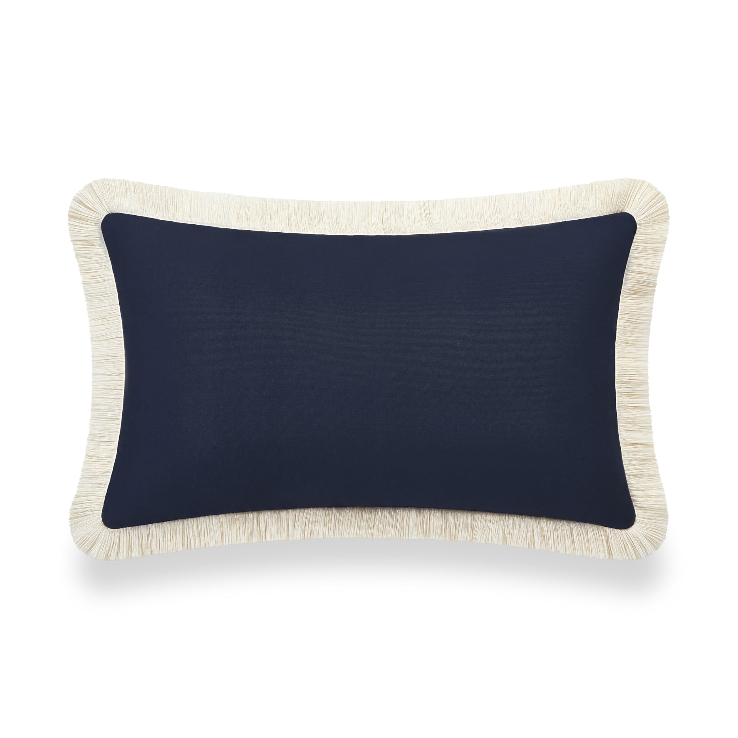 Hofdeco Premium Coastal Hampton Style Patio Outdoor Performance Lumbar Pillow Cover Only, 12"x20" Water Repellent for Backyard, Couch, Dark Navy Blue Solid with Fringe