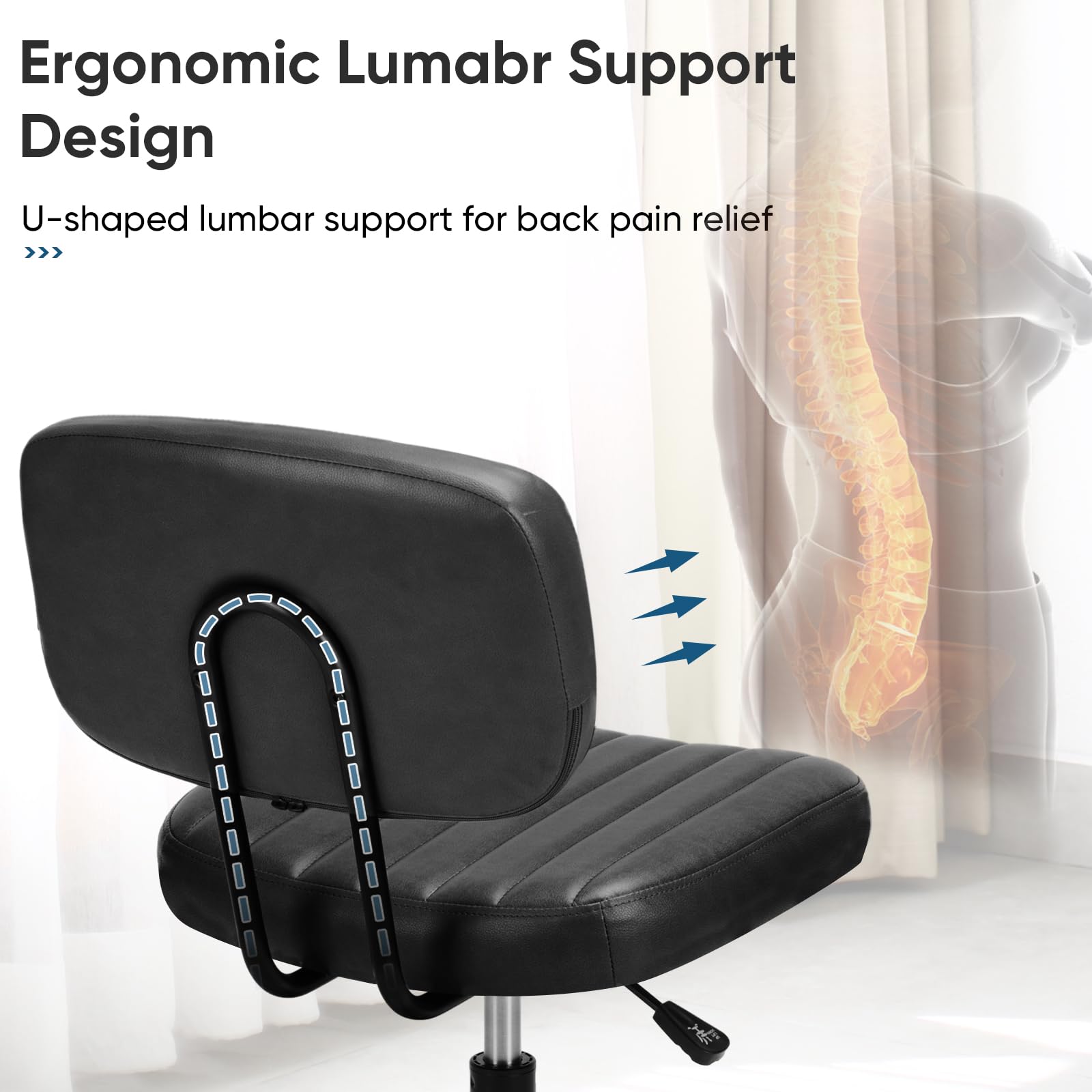 DUMOS Armless Home Office Desk Chair -Small Ergonomic with Low Back Lumbar Support, Height Adjustable PU Leather Computer Task with 360° Swivel Rolling Wheels, for Small Space, Black