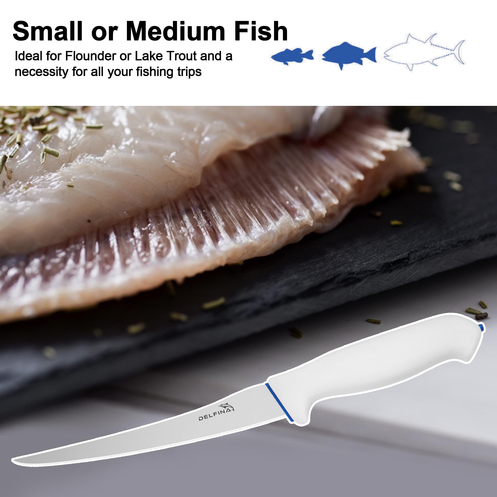 DELFINA 7 inch Flexible Fillet Knife For Fish W/Softgrip & Sheath, High Carbon Japanese 420J2 Stainless Steel Fish Fillet Knife, Ideal for Filleting, Removing Fish Skin, Deboning