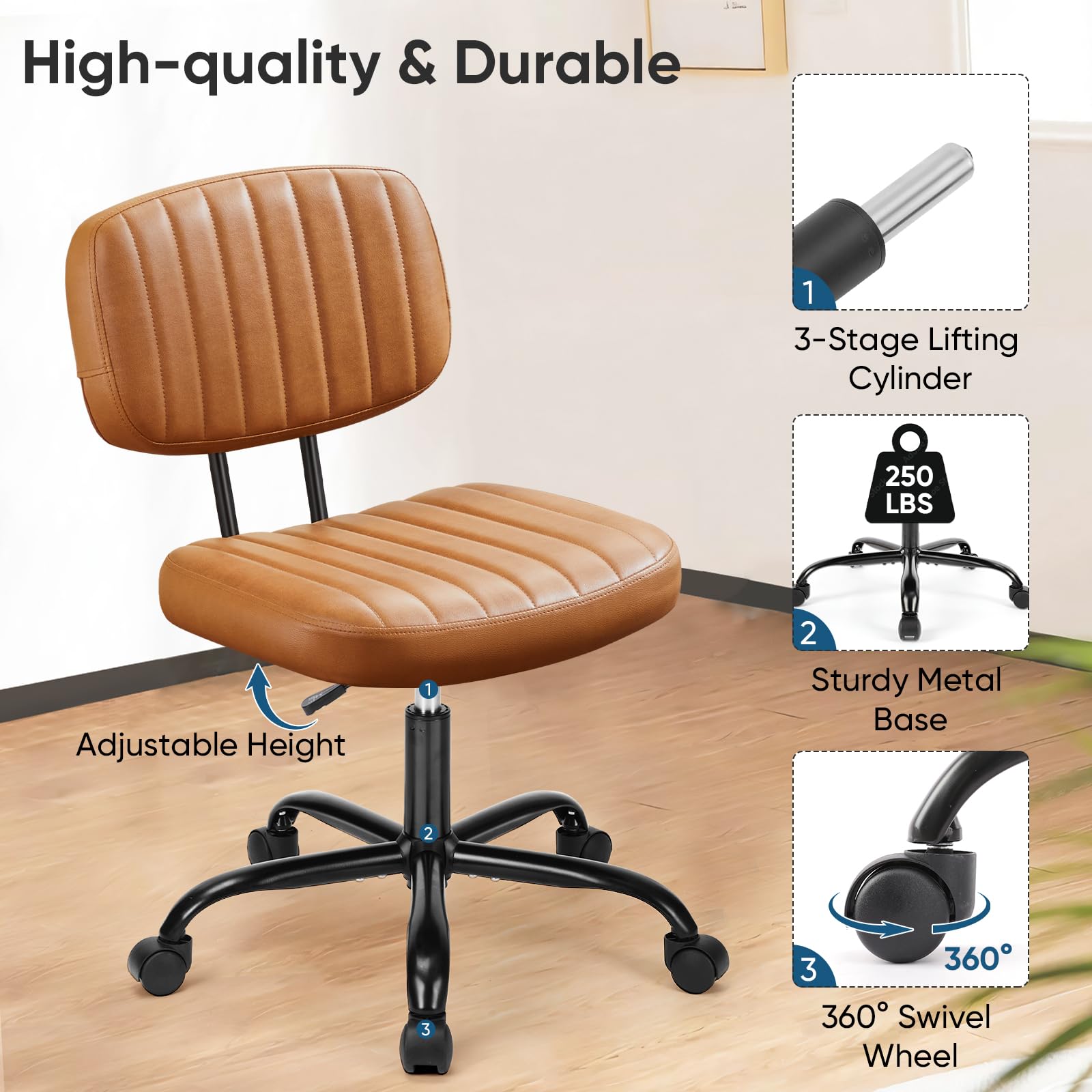 Armless Home Office Desk Chair -Small Ergonomic with Low Back Lumbar Support, Height Adjustable PU Leather Computer Task with 360° Swivel Rolling Wheels, for Small Space, Brown