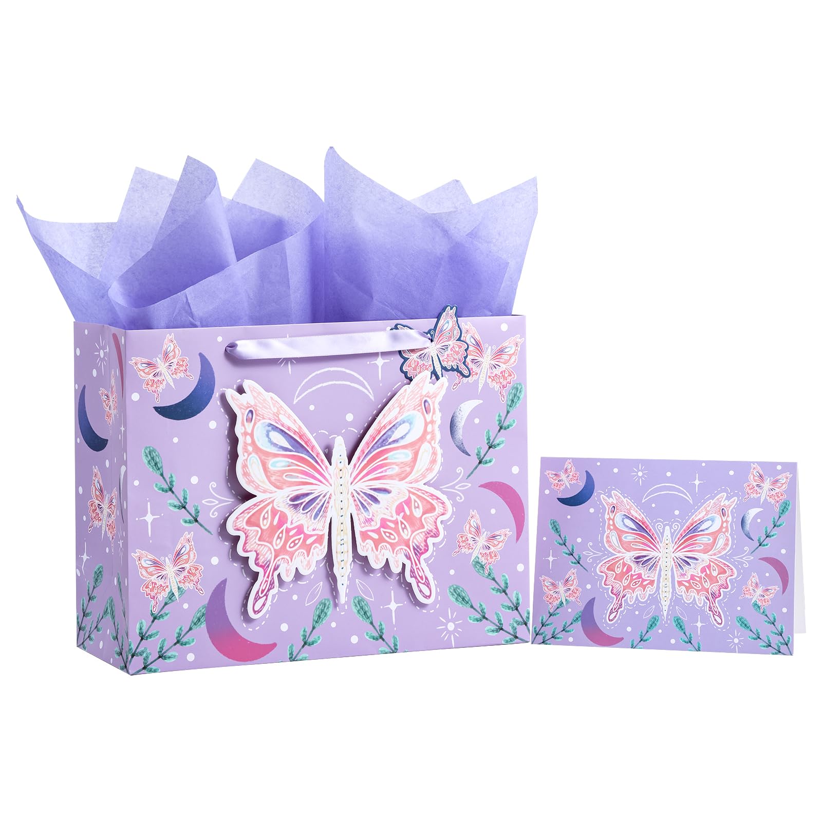 WRAPAHOLIC 13" Large Gift Bag with Card and Tissue Paper - Purple Butterfly Design for Birthday, Mother's day, Baby Shower, Party