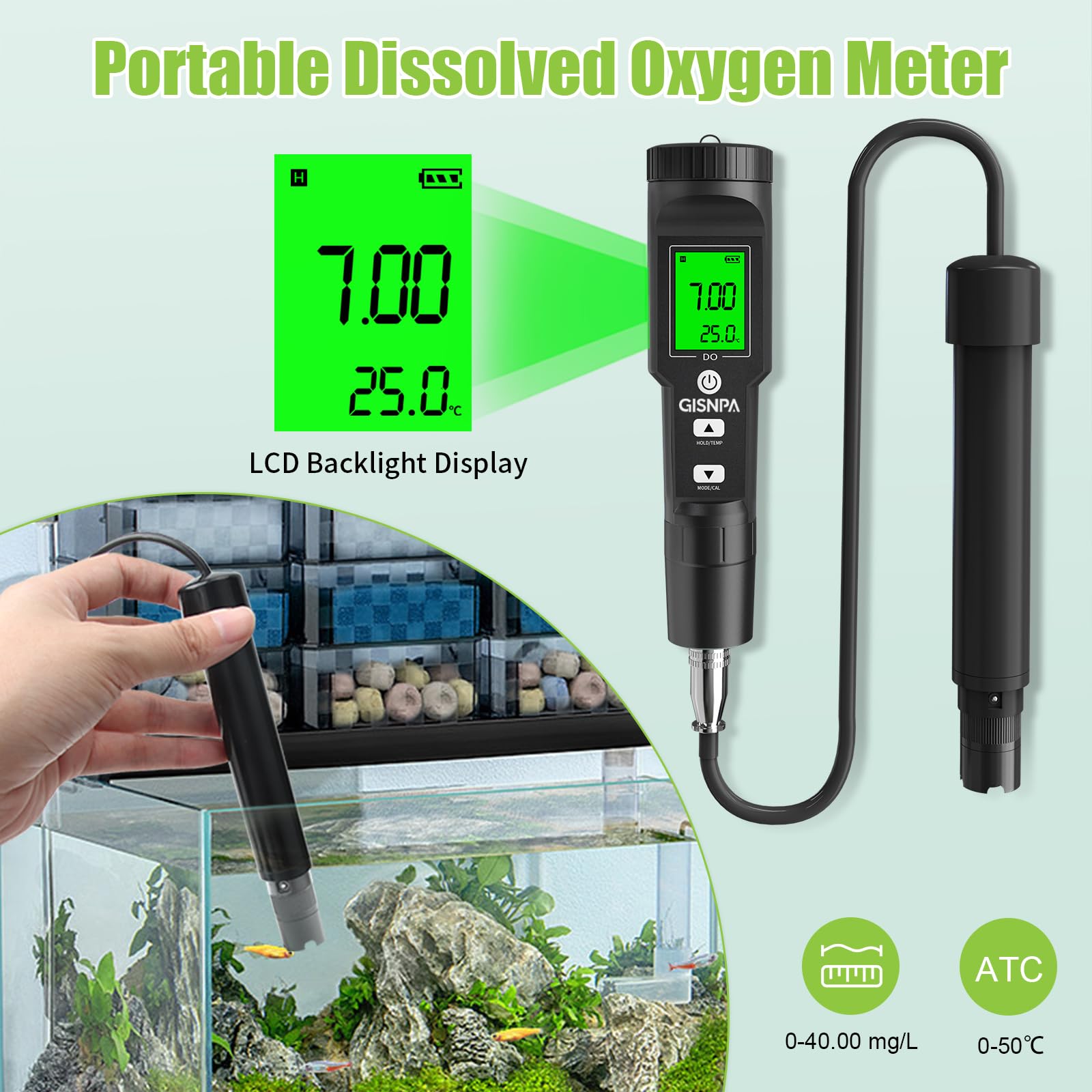 GISNPA Dissolved Oxygen Meter with ATC, 0-40.00 mg/L Measurement Range, DO Meter with Electrode Filling Fluid and Anaerobic Water Calibration Powder