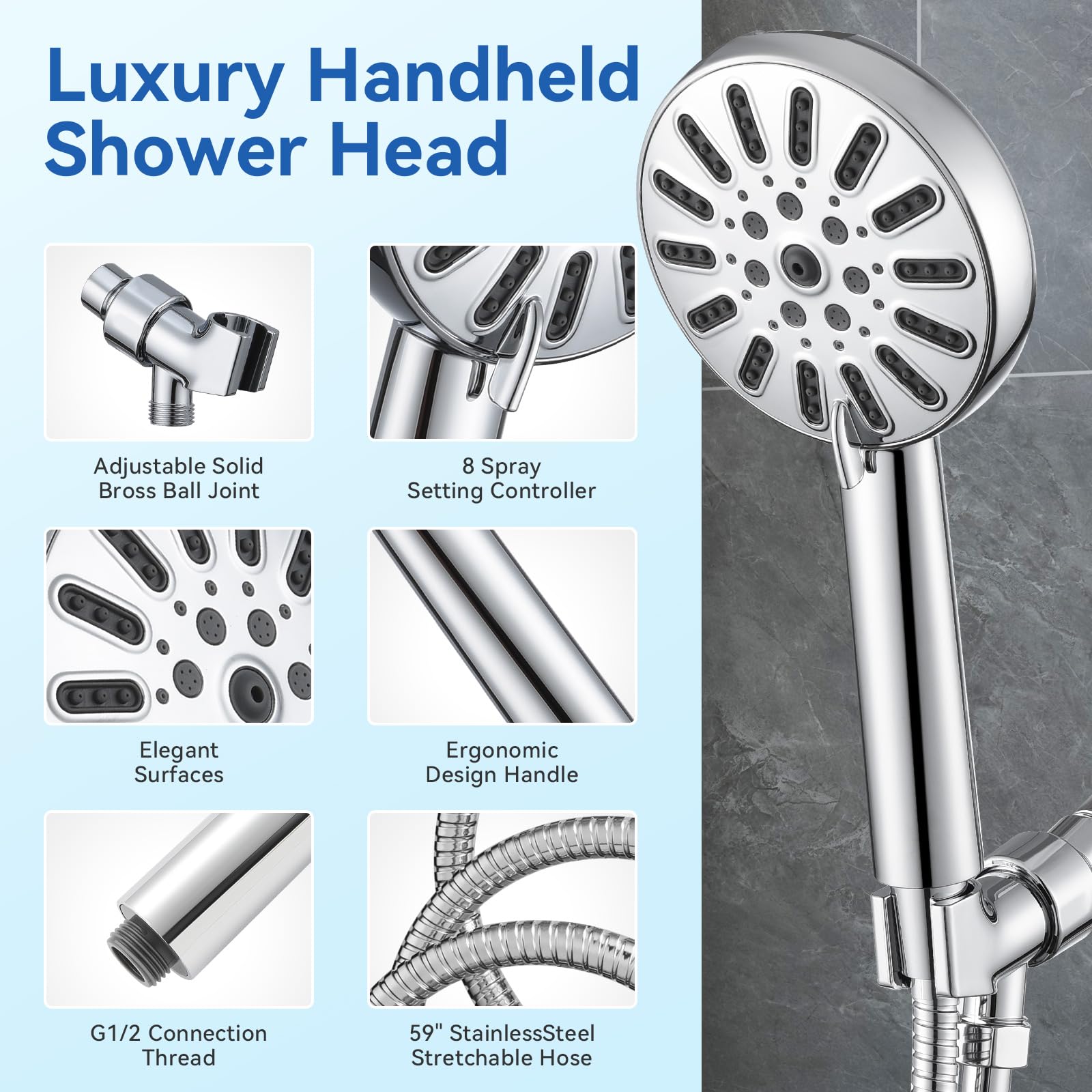 WATERLACE High Pressure Shower Head with Handheld, 8-mode Shower Heads, Anti-clog Nozzles, Built-in Power Wash to Clear Tub, Tile & Pets, with Extra Long Stainless Steel Hose and Adjustable Bracket