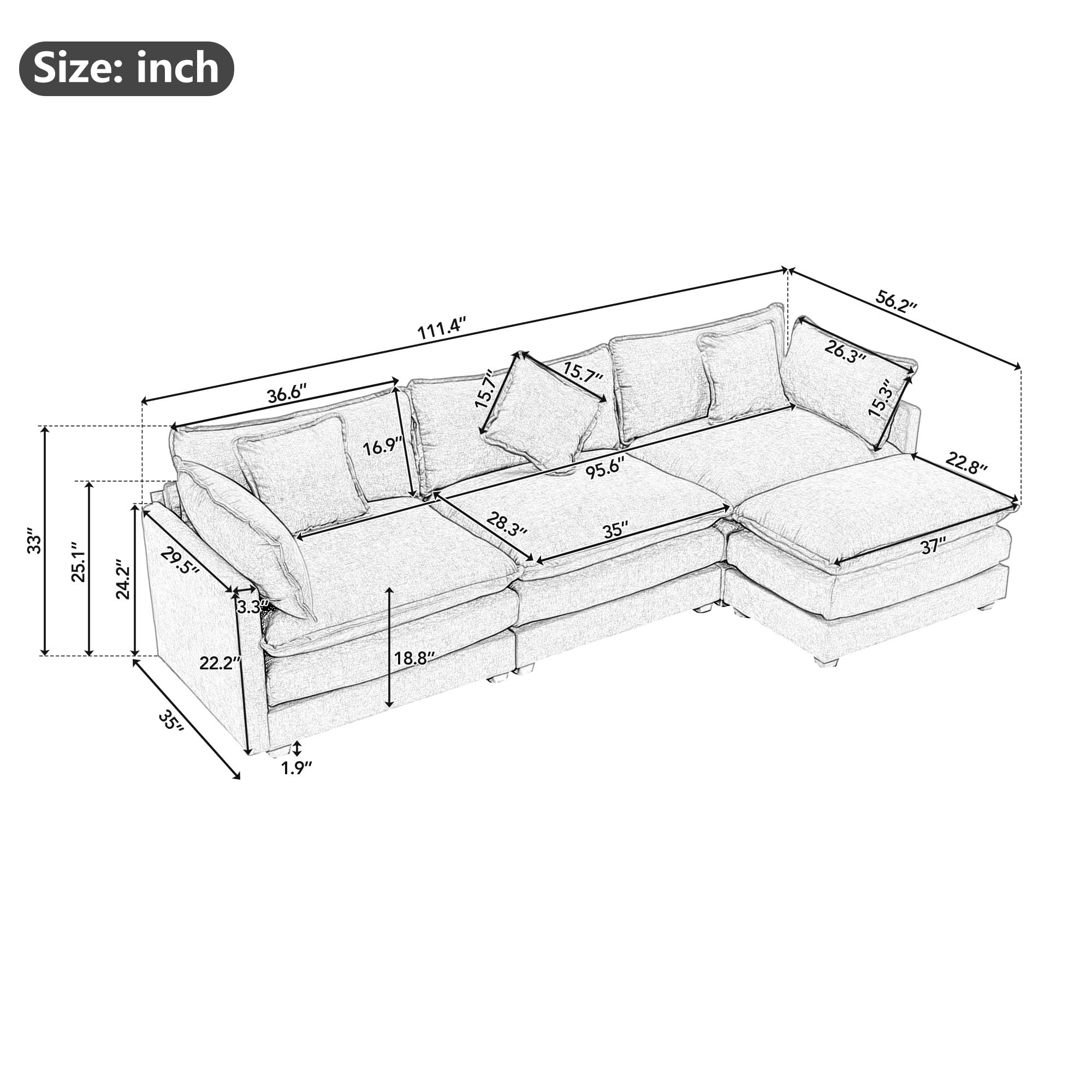 112.2" Modular Sofa Couch for Living Room, 3-Seater Comfy Chenille Cloud Couch with Ottoman/Chaise & 5 Pillows for Living Room Bedroom Office Apartment,Beige