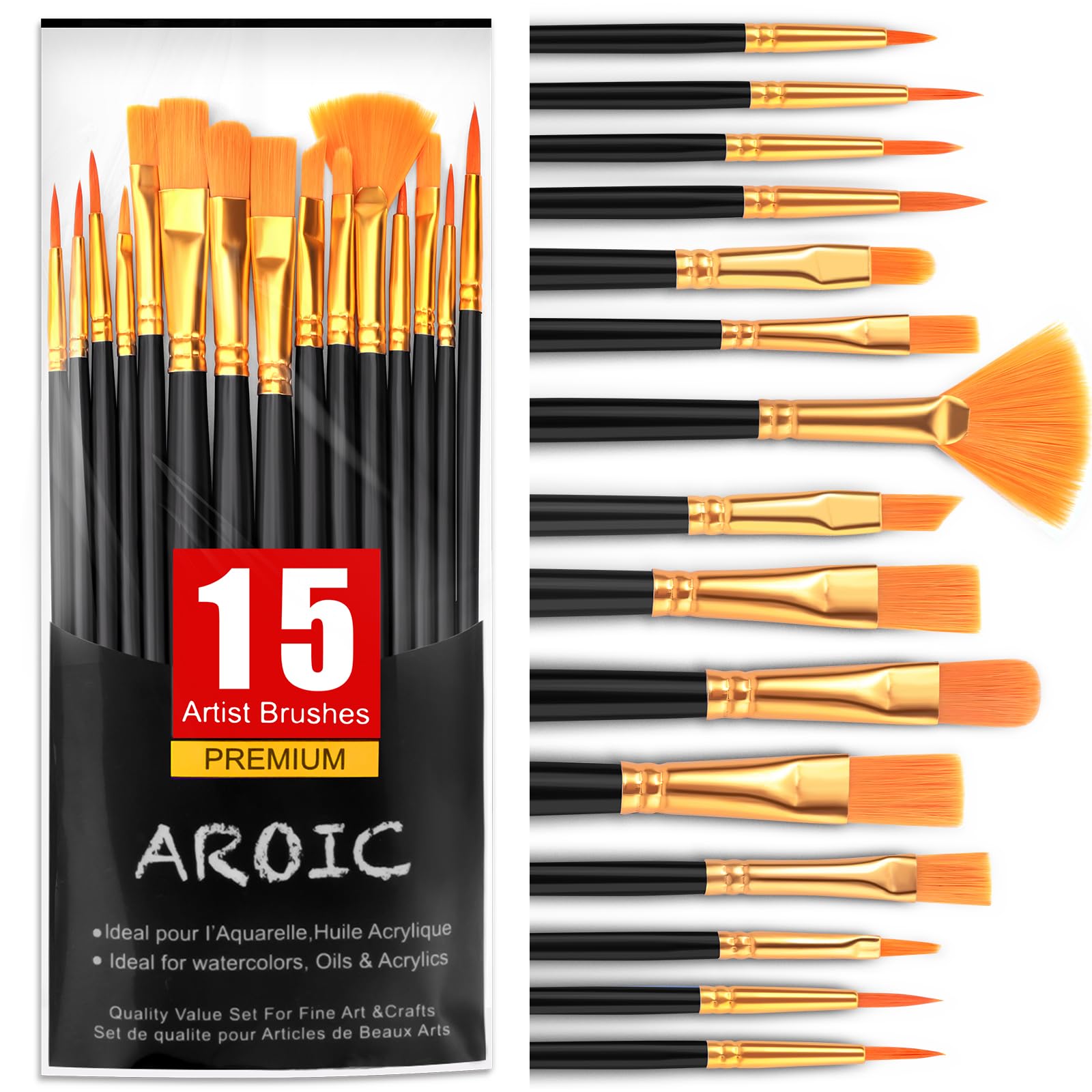 AROIC Acrylic Paint Brush Set,1pack/15pcs Nylon Hair Acrylic Painting Brush,Watercolor Rock Face Painting Brush, Artist Craft Brush Supplies, Paint Brush Set for All Purposes Children Adult Painting.