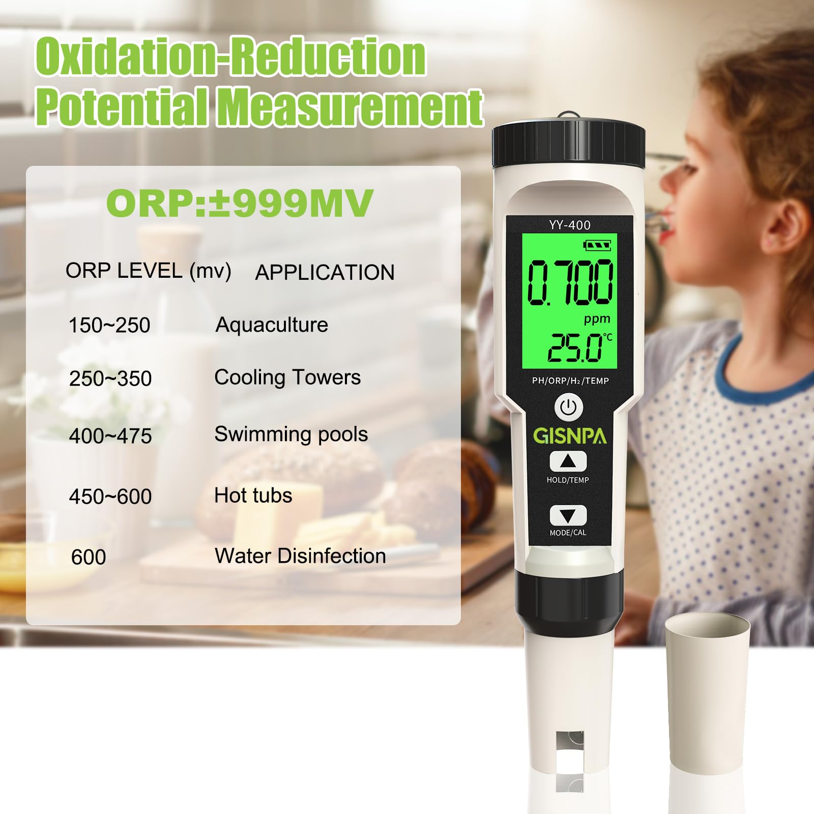 GISNPA PH Meter, Digital 4-in-1 PH ORP H2 Temp Meter, PPB/PPM Meter with ATC, 0.01 Resolution High Accuracy PH Tester for Drinking Water