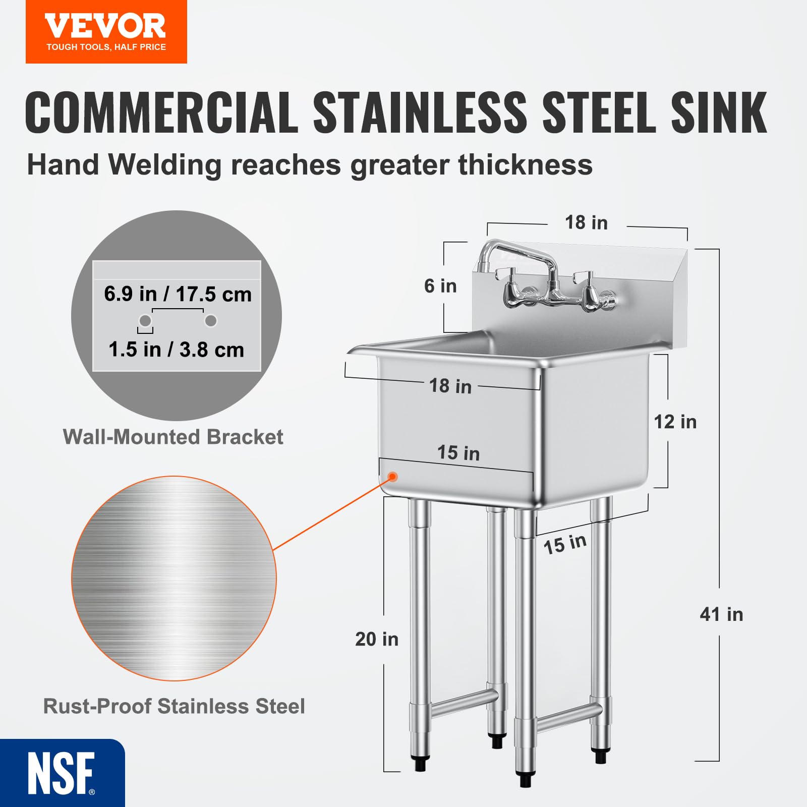 VEVOR Stainless Steel Sink, 1 Compartment Free Standing Small Sink Include Faucet & legs, 18"x41" Commercial Single Bowl Sinks for Garage, Restaurant, Kitchen, Laundry, NSF Certified