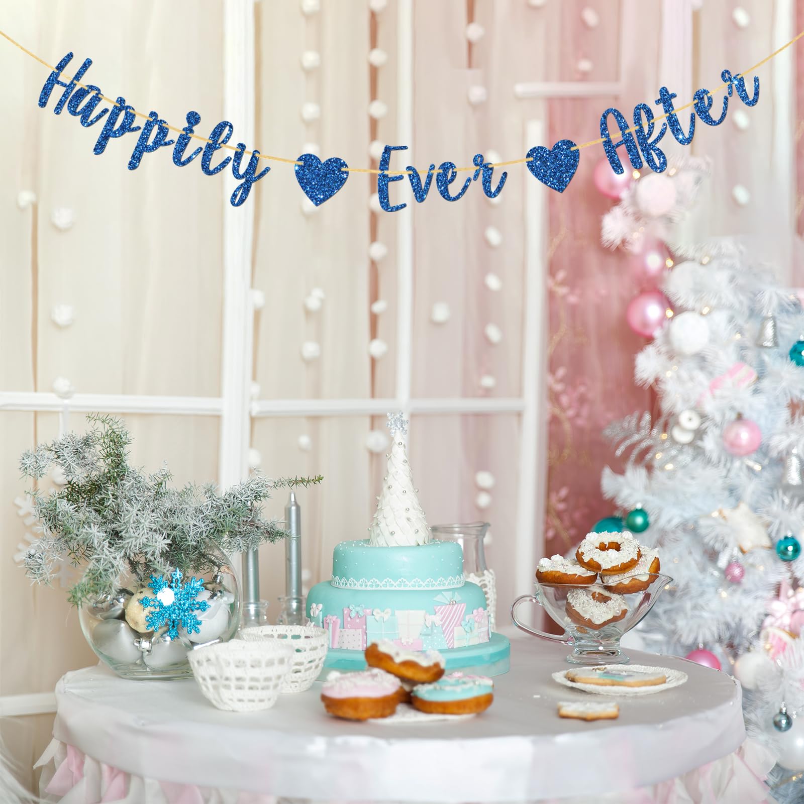 Halodete Happily Ever After Banner, Mr & Mrs Wedding Banner, Bridal Shower, Engagement, Bachelorette Party Garland Bunting Decorations - Blue Glitter