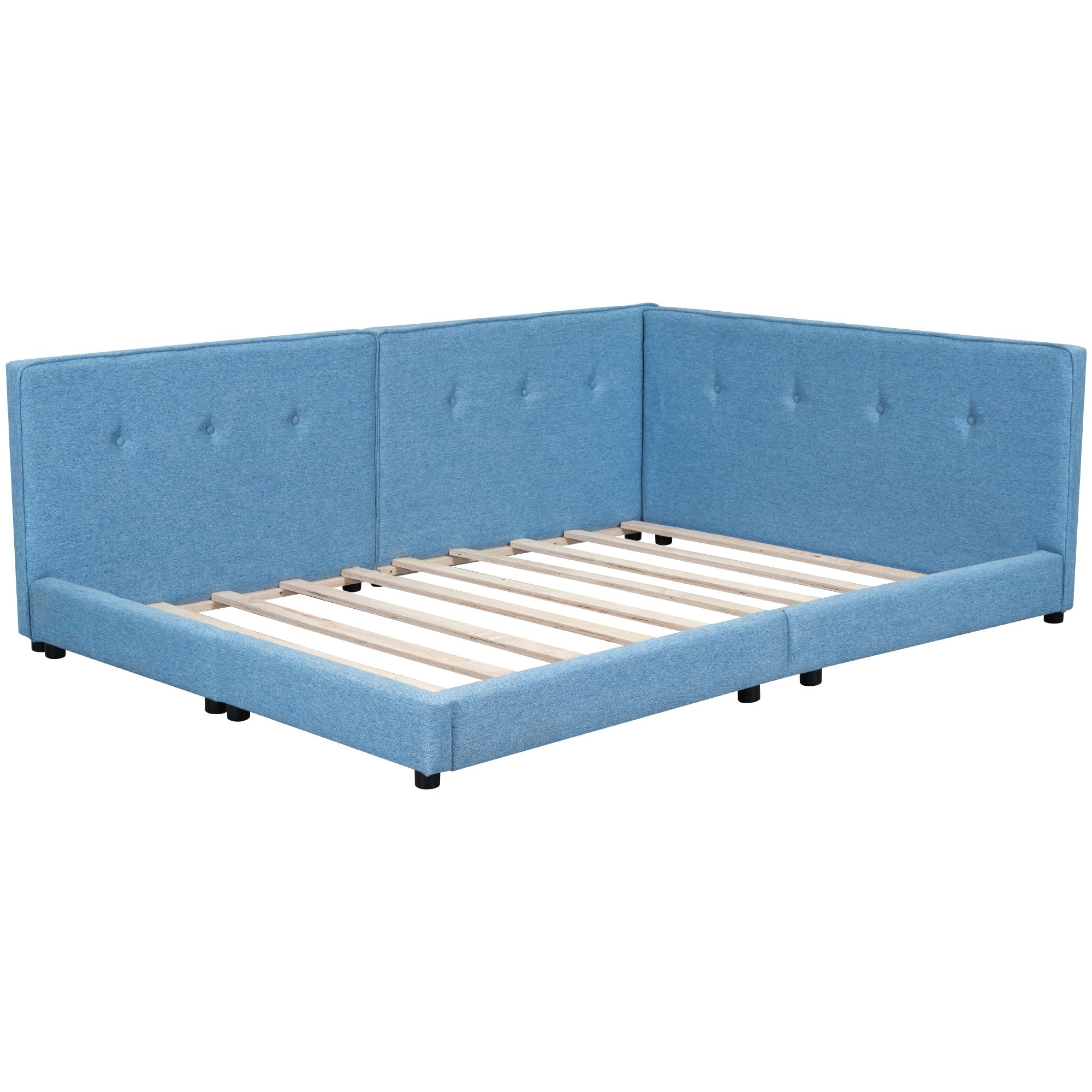 Merax Modern Upholstered Queen Size Platform Bed with USB Ports/Wood Slat Support/Queen,Blue