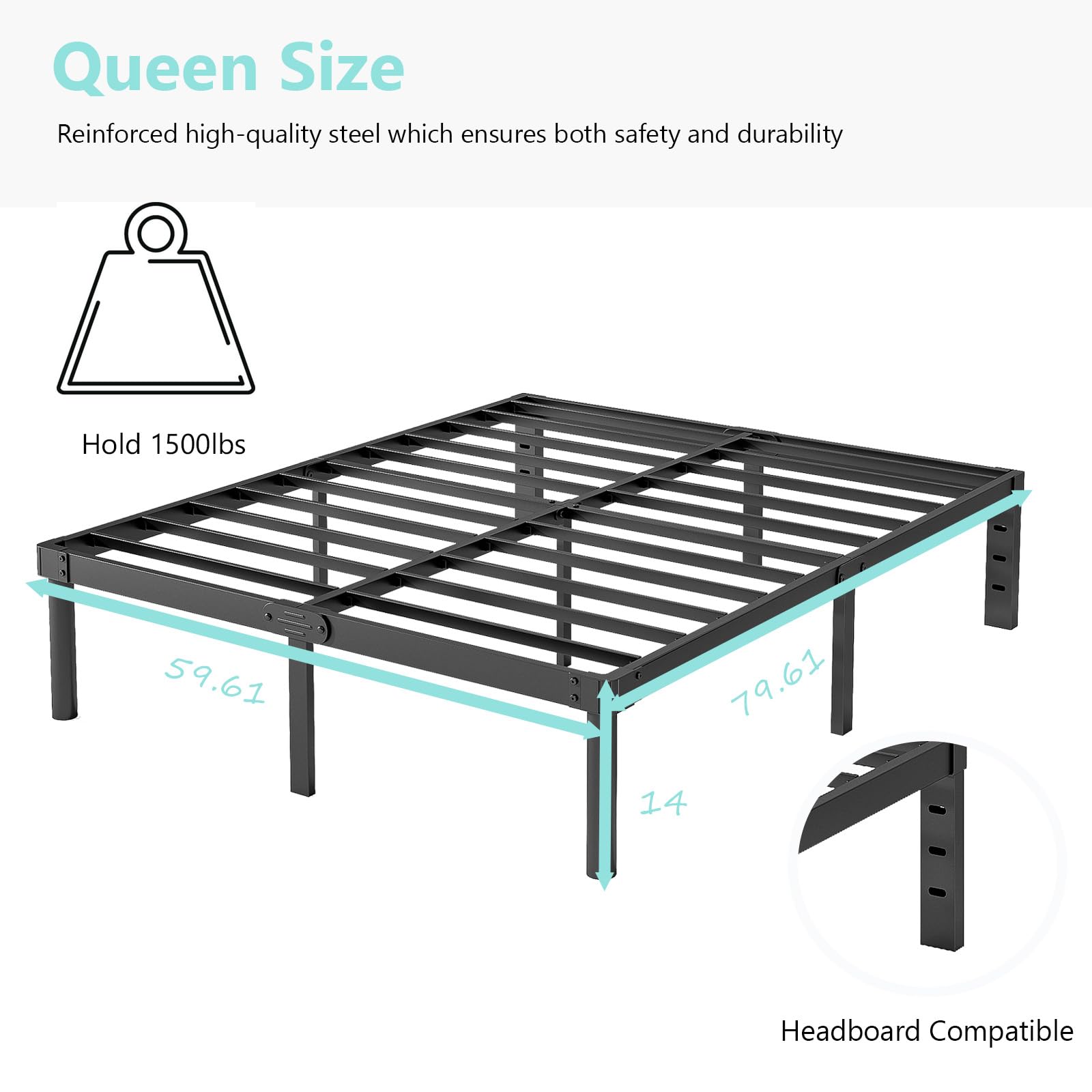 Viisari Queen Bed Frame 14 Inch Metal Heavy Duty Platform No Box Spring Needed Easy Assembly Noise Free Black