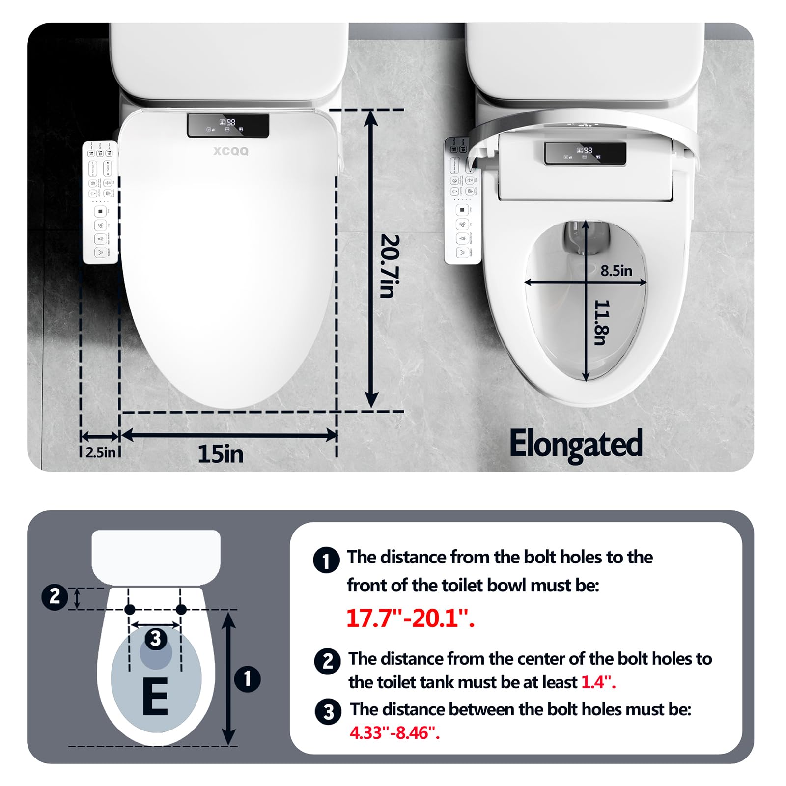 XCQQ Smart Bidet Toilet Seat Elongated, Heated Bidet with Warm Water and Dryer, Night Light, Multiple Spray Modes, Slow Closed Toilet Seat, LED Screen, Removable Panel to Remote