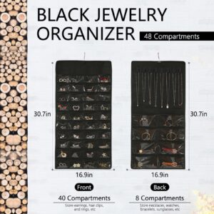 Double-Sided Hanging Jewelry Organizer with 48 Pockets and 8 Hooks – Versatile Accessories Holder for Earrings, Necklaces, Rings, Glasses – Wall, Door, or Closet Mounted Jewelry Hanger.