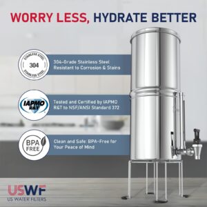 USWF Gravity Fed Water Filter System - 2.25 Gal Stainless Steel w/ 2 Carbon Filters, 2 Fluoride Filters, Portable Countertop Filtration System, Metal Sight Glass Spigot, Stand, NSF/ANSI 372 Certified