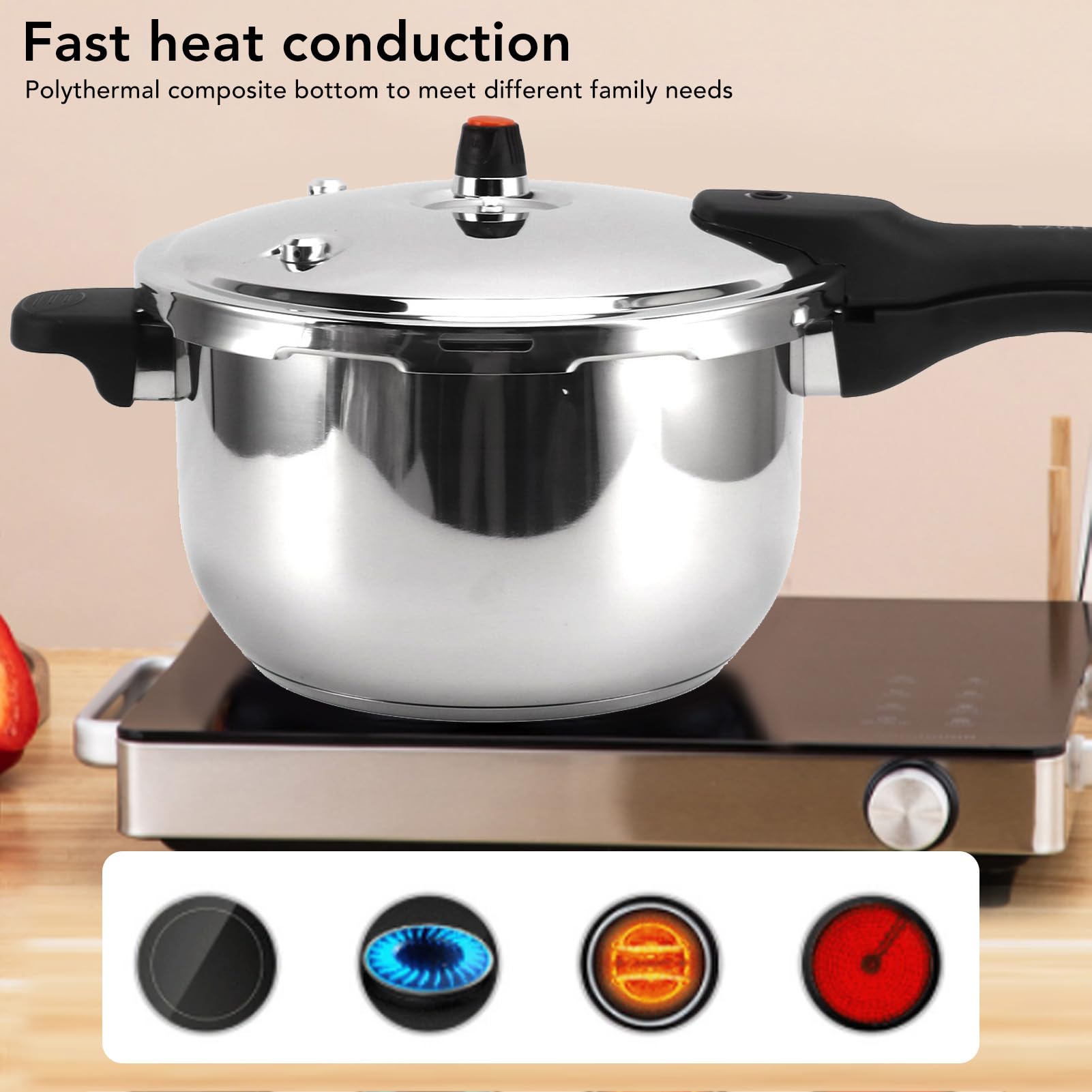 Stainless Steel Pressure Cooker, Multifunctional with Safety Valve, 80KPA, Handle, Cooking Pot for Fast Efficient Cooking (2L)