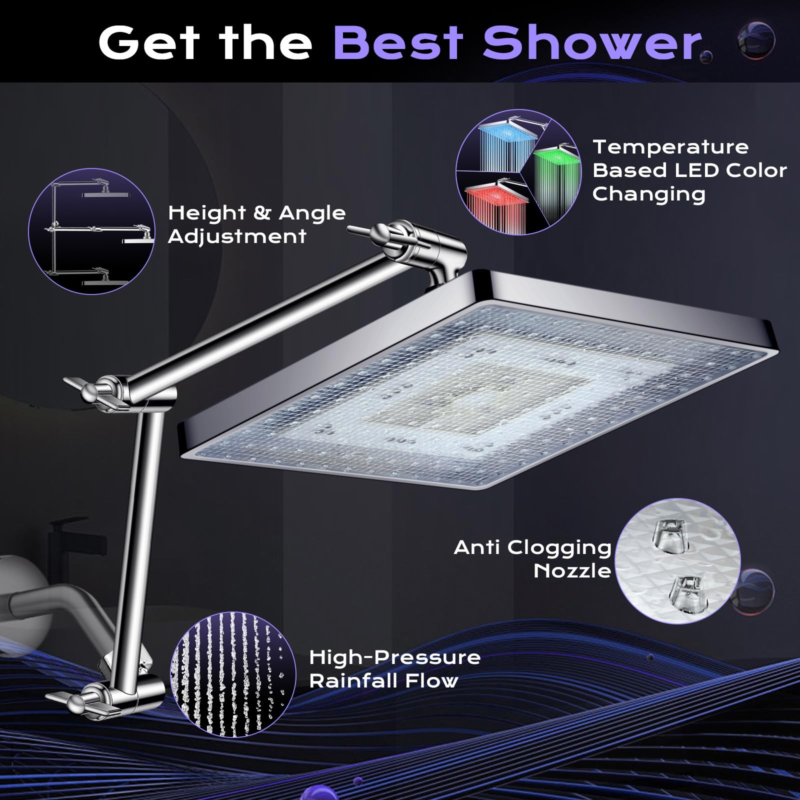 PinWin Shower Head, 8'' LED Rain Shower Head with 16'' Adjustable Extension Arm, Rainfall Style Water Spray, LED Shower Head Water Temperature Controlled Color Changing,Chrome