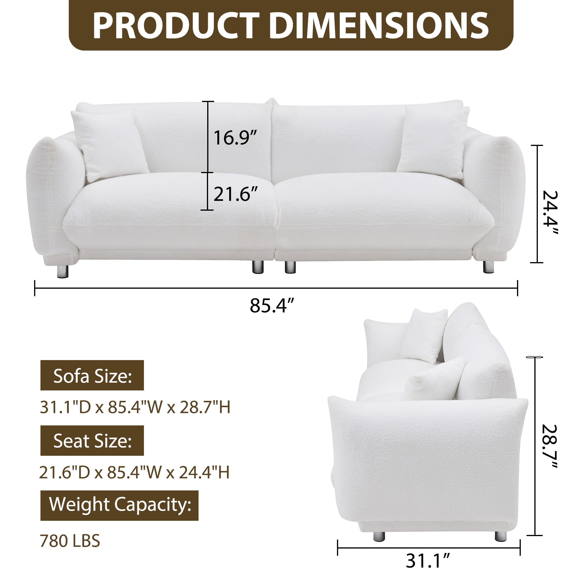 SZLIZCCC Sofa Couch for Living Room, 87.4 Inch Modern Upholstered Couch, Teddy Velvet Tufted Sofa, 3 Seat Sofa Big Comfy Couch Sofas for Livingroom, Comfy Couch Sofas for Office (White 85.4” Sofa)