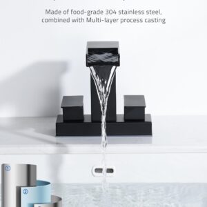 PerPaiMe Waterfall Bathroom Sink Faucet - 4 Inch Centerset Bathroom Faucet Two Handles, Matte Black Bathroom Sink Faucets for 2 or 3 Hole, Stainless Steel Vanity Faucet with Pop-Up Drain & Supply Line