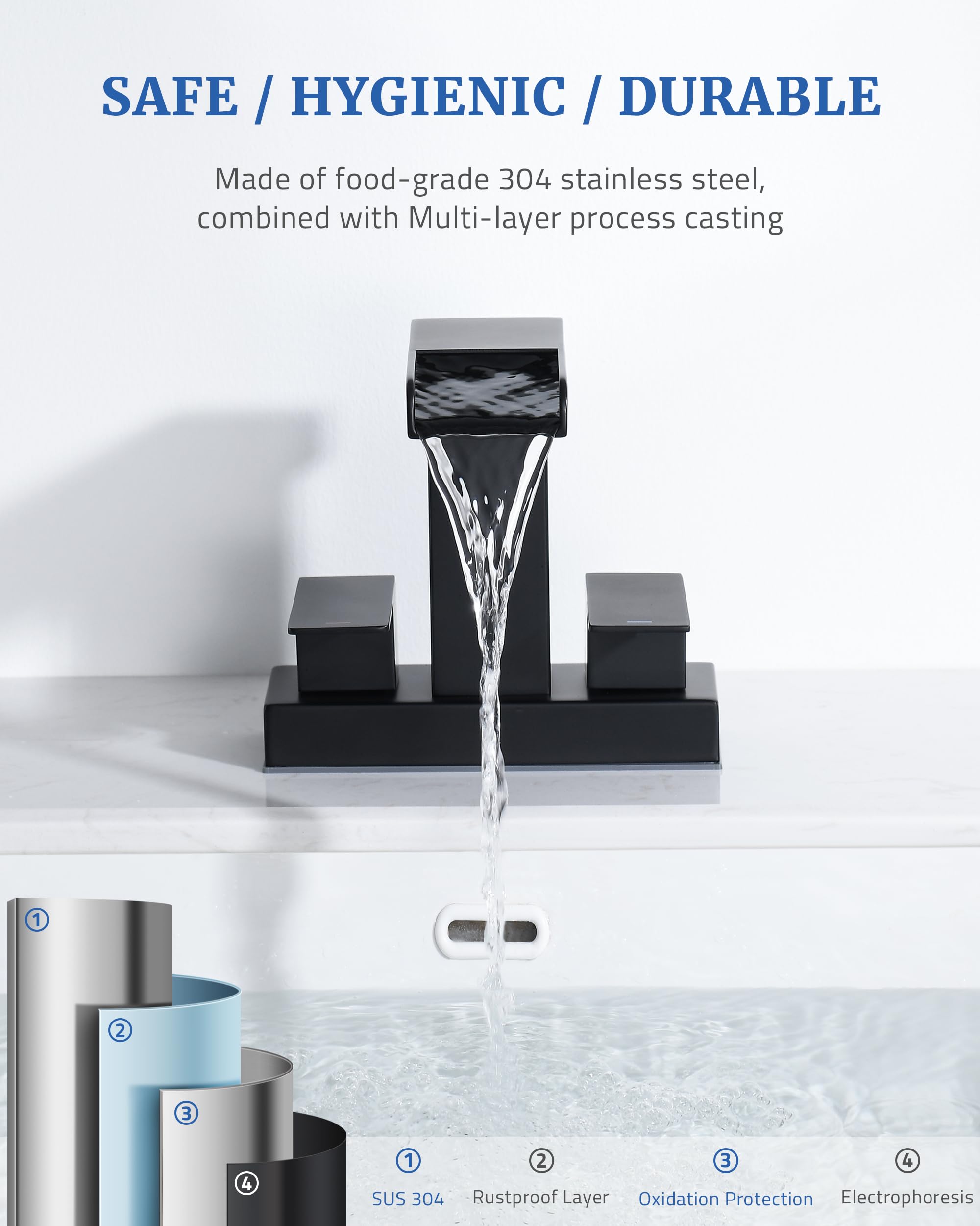 PerPaiMe Waterfall Bathroom Sink Faucet - 4 Inch Centerset Bathroom Faucet Two Handles, Matte Black Bathroom Sink Faucets for 2 or 3 Hole, Stainless Steel Vanity Faucet with Pop-Up Drain & Supply Line