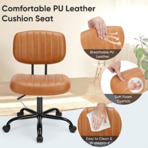 Armless Home Office Desk Chair -Small Ergonomic with Low Back Lumbar Support, Height Adjustable PU Leather Computer Task with 360° Swivel Rolling Wheels, for Small Space, Brown