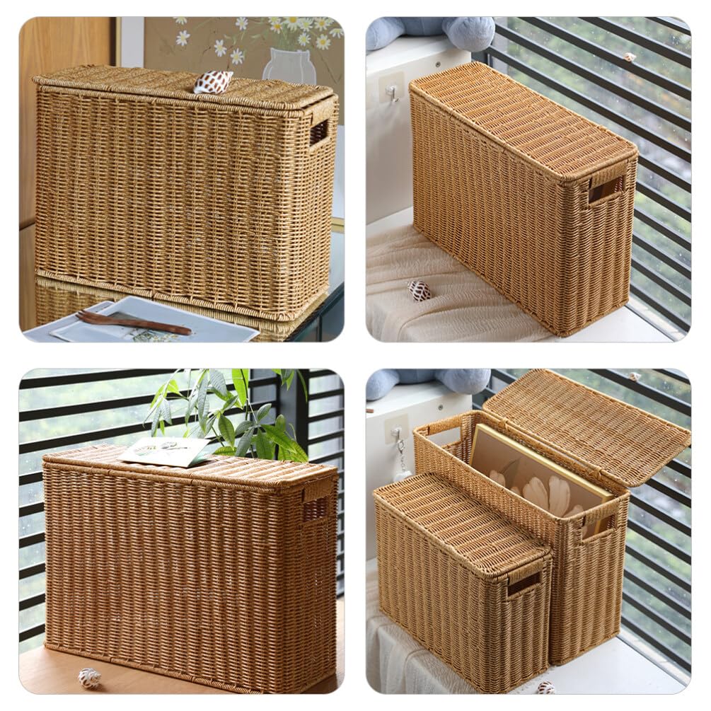 IMIKEYA Woven Wicker Basket Box with Lid Narrow Holder Woven Magazine Basket Rattan Toys Organizer Decorative Storage Bin for Home Office Closet Decor