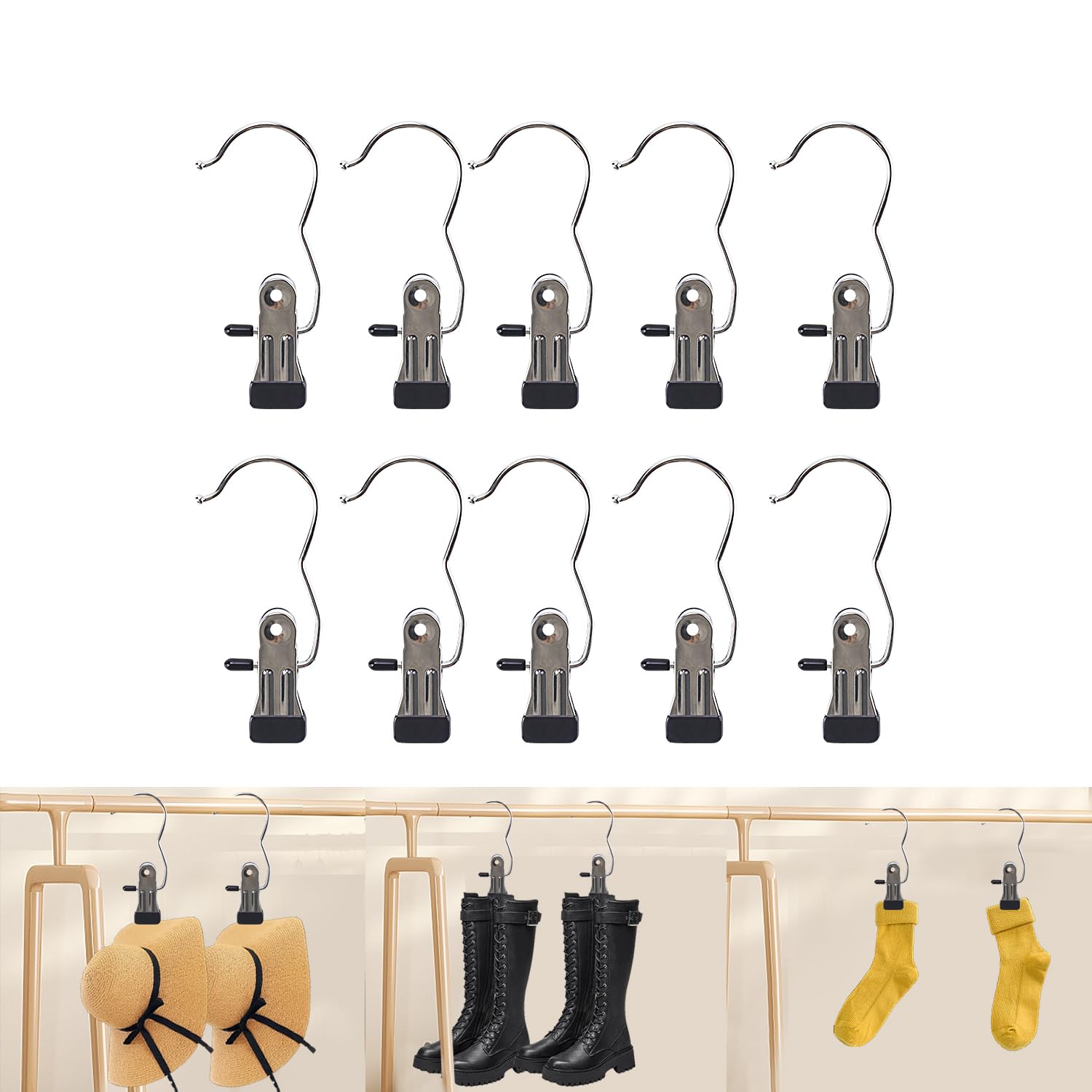 Lflwacy Boot Hangers for Closet, 10PCS Hanging Clips Hook Clothes Pins for Laundry, Hanger Clips Towel Clips Boot Organizer for Home and Travel, Clothespins Clip Hangers for Pants Hats Socks Gloves