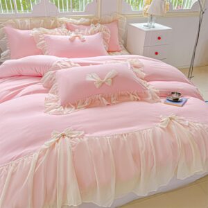 SOUKECHY Girls Lace Bedding,Queen Comforter Cover Set, Chic Ruffled Duvet Cover with Lovely Bow,Princess Style 1 Duvet Cover with 2 Pillowcases, No Comforter-Pink,Queen Size