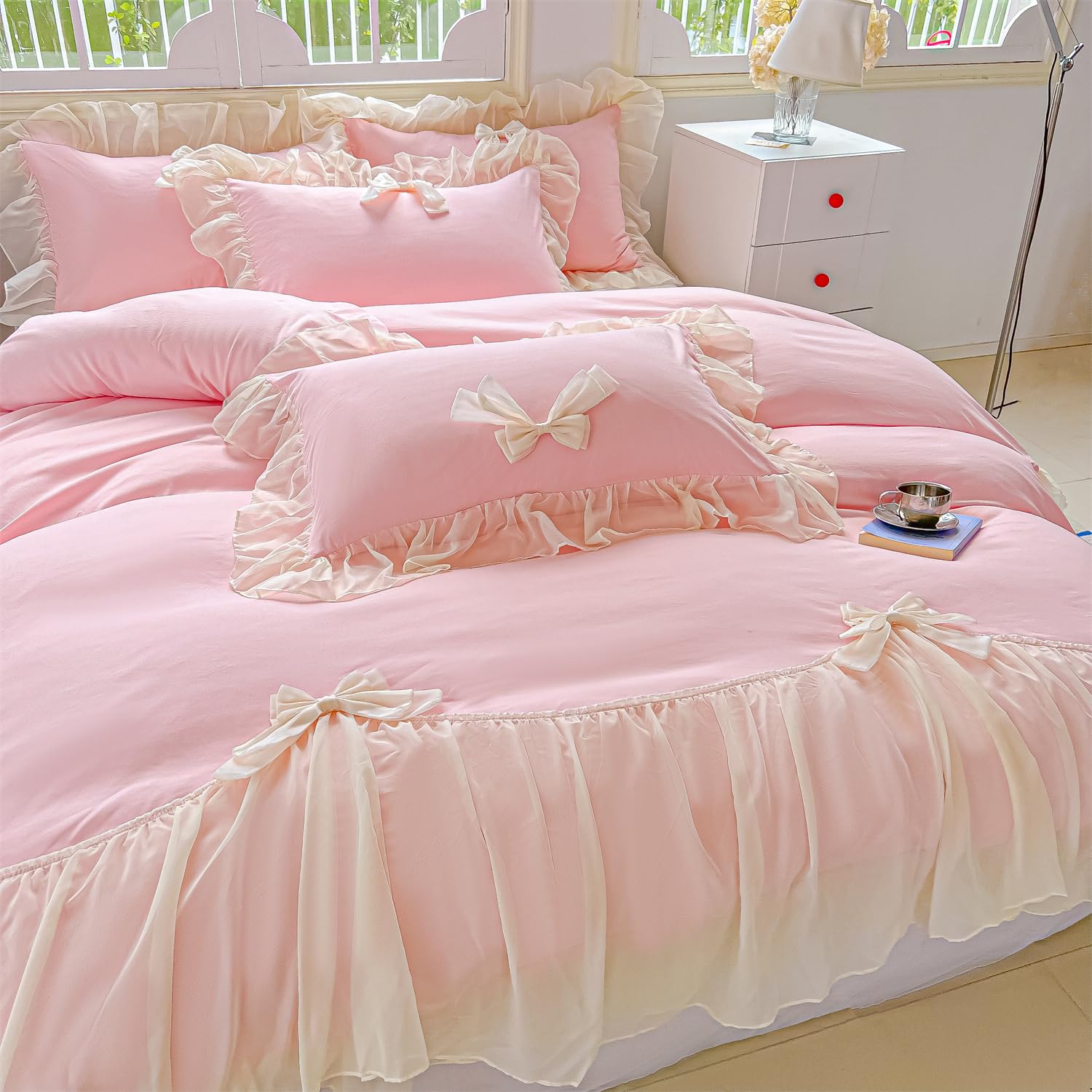 SOUKECHY Girls Lace Bedding,Queen Comforter Cover Set, Chic Ruffled Duvet Cover with Lovely Bow,Princess Style 1 Duvet Cover with 2 Pillowcases, No Comforter-Pink,Queen Size