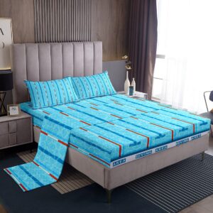 swimming kids sheet full size,swim sports games modern fashion bedding set,boys girls adults room decor,swimming pool chic blue unique bed sheet set 4pcs(fitted + flat + 2 pillowcases)